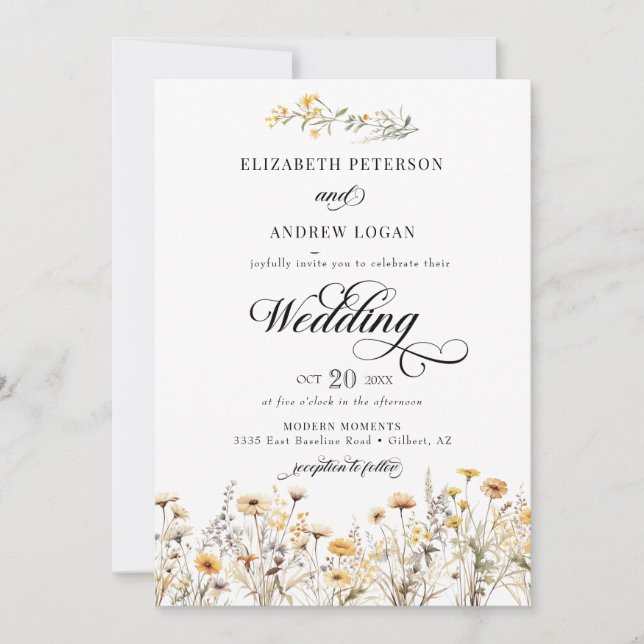 Invitación Elegante Boda de caligrafía Boho Wildflower (Anverso)