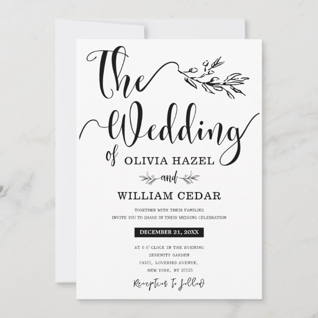 Invitación Elegante Boda de caligrafía botánica blanco negro (Anverso)