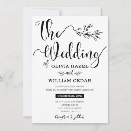 Invitación Elegante Boda de caligrafía botánica blanco negro