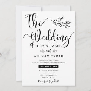 Invitación Elegante Boda de caligrafía botánica blanco negro