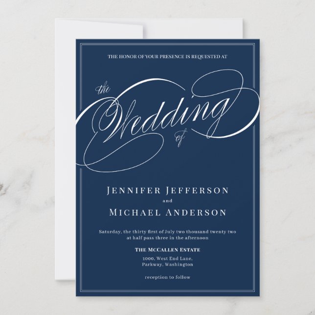 Invitación Elegante Boda de caligrafía clásica azul de la Mar (Anverso)