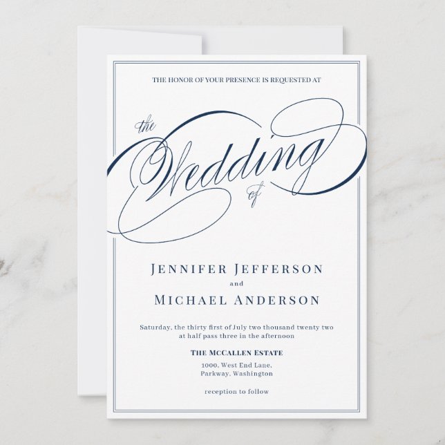 Invitación Elegante Boda de caligrafía clásica de la Marina B (Anverso)