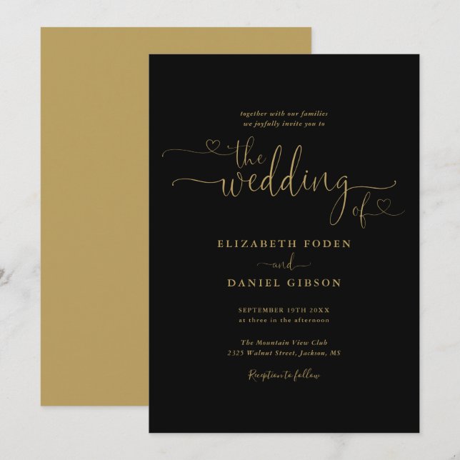 Invitación Elegante Boda De Caligrafía De Corazón Negro Y Oro (Anverso / Reverso)