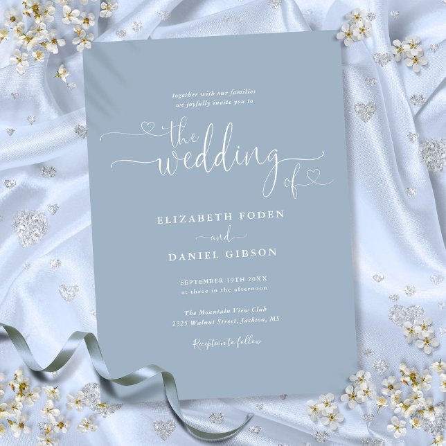 Invitación Elegante Boda de caligrafía de corazones azul turb (Elegant Dusty Blue Hearts Calligraphy Wedding Invitation)