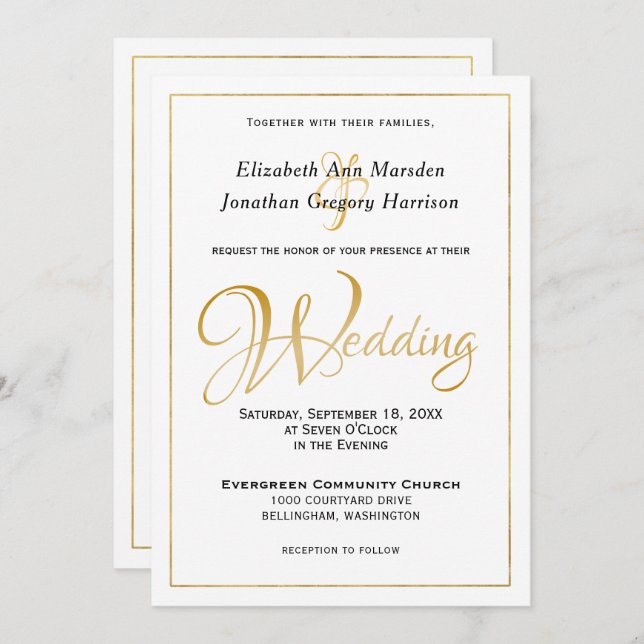 Invitación Elegante Boda de caligrafía de escritura de oro fo (Anverso / Reverso)