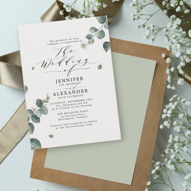 Invitación Elegante Boda de caligrafía de eucalipto rústico (Subido por el creador)