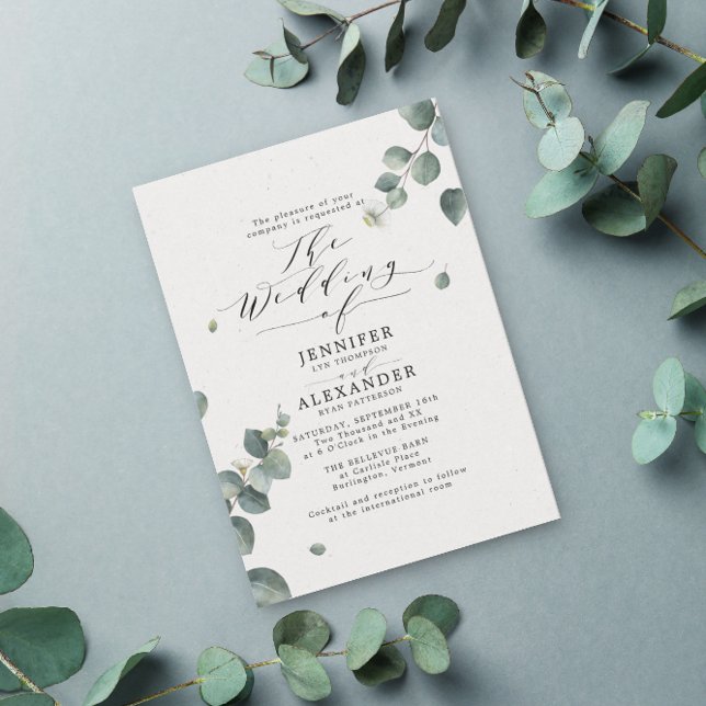 Invitación Elegante Boda de caligrafía de eucalipto rústico (Subido por el creador)