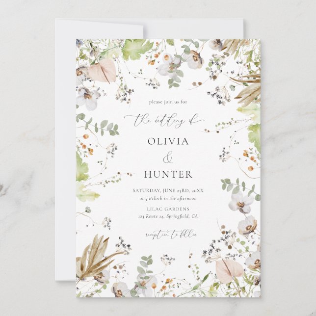 Invitación Elegante Boda de caligrafía de flor silvestre (Anverso)
