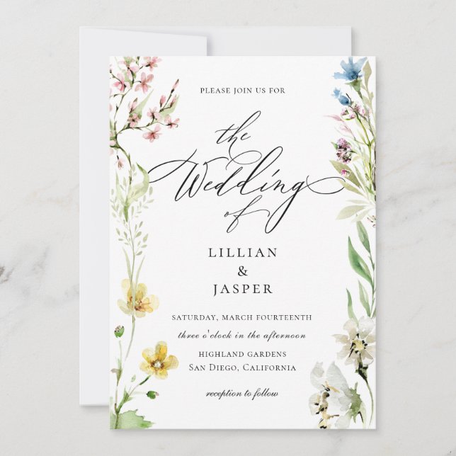 Invitación Elegante Boda de caligrafía de marco de flores sil (Anverso)