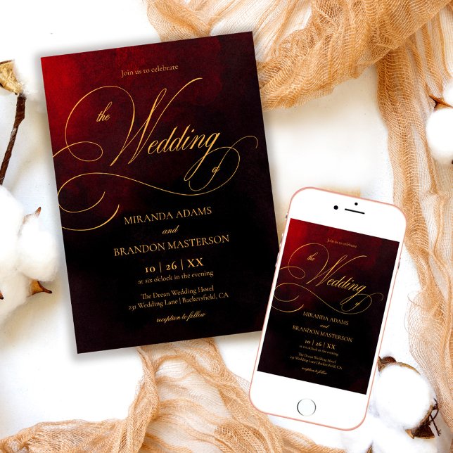 Invitación Elegante Boda de caligrafía de negro rojo y oro (Subido por el creador)