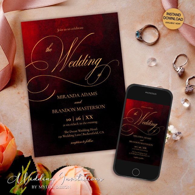 Invitación Elegante Boda de caligrafía de negro rojo y oro (Subido por el creador)