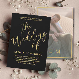 Invitación Elegante Boda de caligrafía de negro y oro