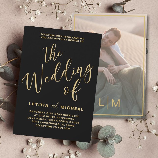 Invitación Elegante Boda de caligrafía de negro y oro (Subido por el creador)