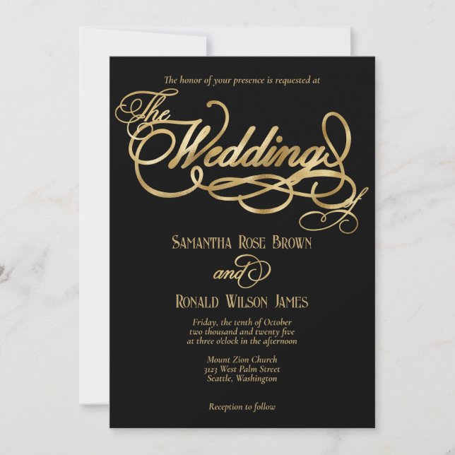 Invitación Elegante Boda de caligrafía de oro negro y falso (Anverso)