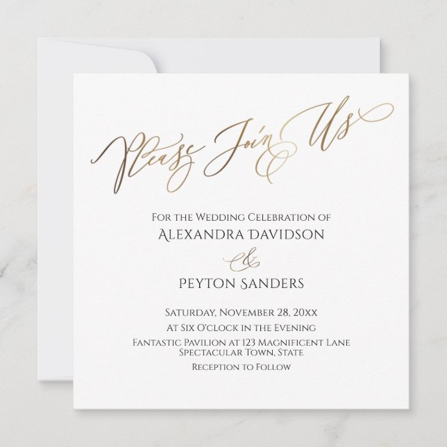 Invitación Elegante Boda de caligrafía de oro "Por favor, úne (Anverso)