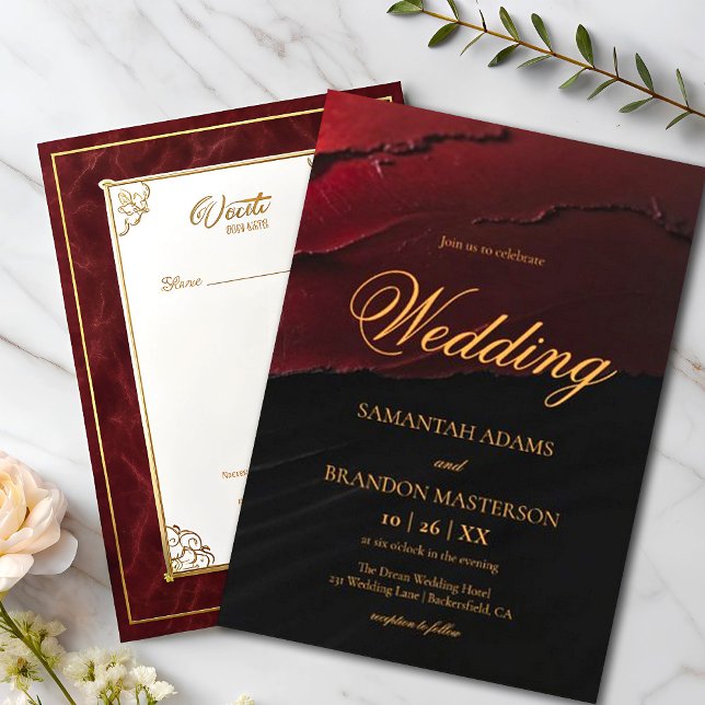 Invitación Elegante Boda de caligrafía de oro rojo y negro (Subido por el creador)