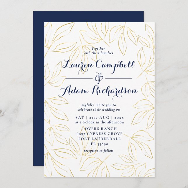 Invitación Elegante Boda de caligrafía de oro y marina (Anverso / Reverso)