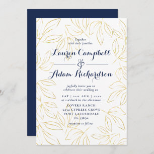 Invitación Elegante Boda de caligrafía de oro y marina
