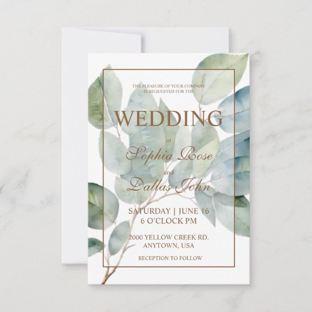 Invitación Elegante Boda de caligrafía de verde dorado (Anverso)
