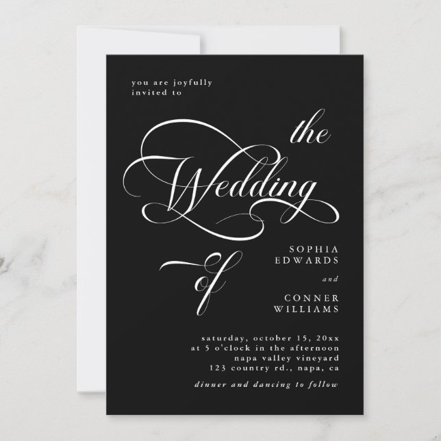 Invitación Elegante Boda de caligrafía elegante negro (Anverso)