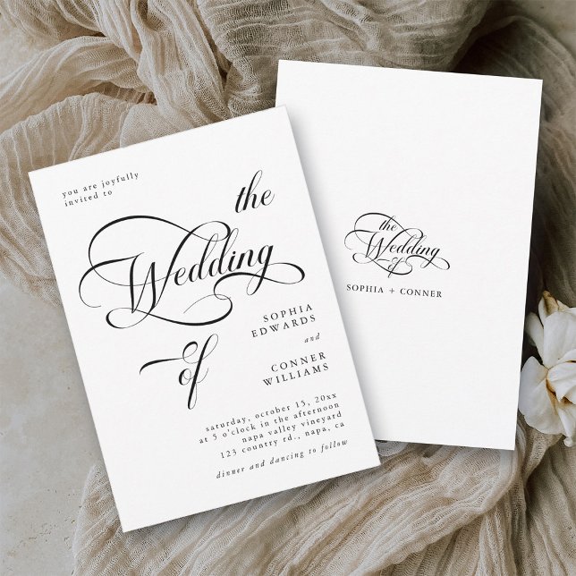 Invitación Elegante Boda de caligrafía elegante negro y blanc (Front & Back)