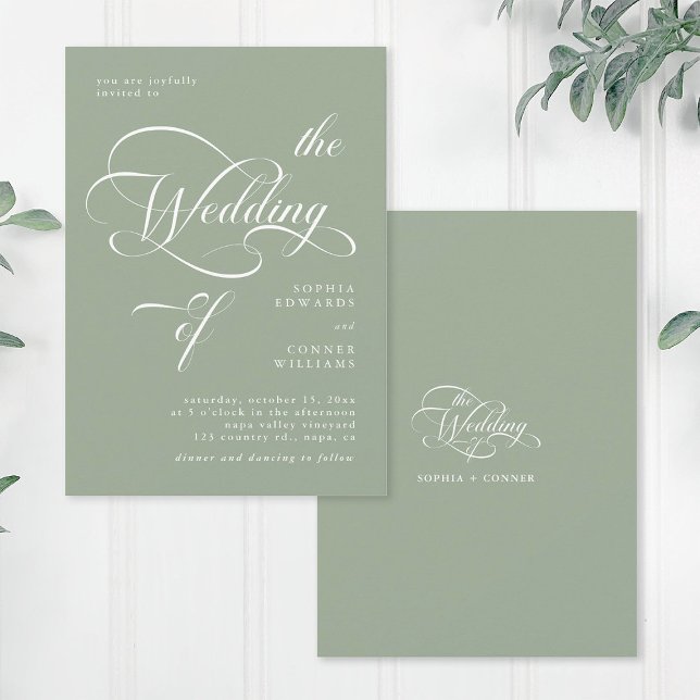 Invitación Elegante Boda de caligrafía elegante Sage Green (Front & Back)