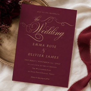 Invitación Elegante Boda de Caligrafía en Burgundy y Oro