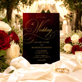 Invitación Elegante Boda de Caligrafía en Rojo, Negro y Dorad