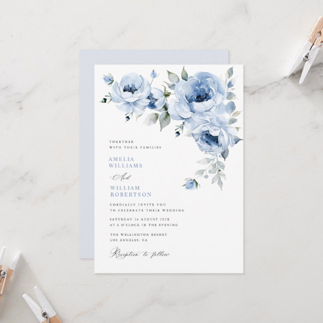 Invitación elegante boda de caligrafía floral azul (Anverso/Reverso In Situ)