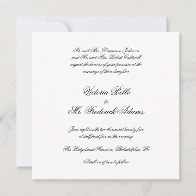 Invitación Elegante Boda de caligrafía formal en blanco y neg (Anverso)