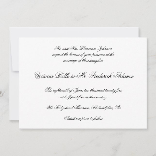 Invitación Elegante Boda de caligrafía formal en blanco y neg (Anverso)