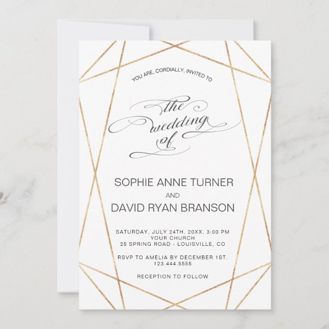 Invitación Elegante Boda de caligrafía geométrica Gold (Anverso)