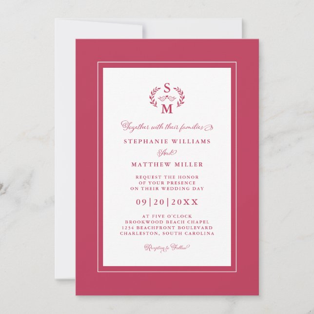 Invitación Elegante Boda de caligrafía Magenta Red Initials (Anverso)