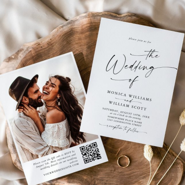 Invitación Elegante Boda de caligrafía Minimalista código QR (Subido por el creador)