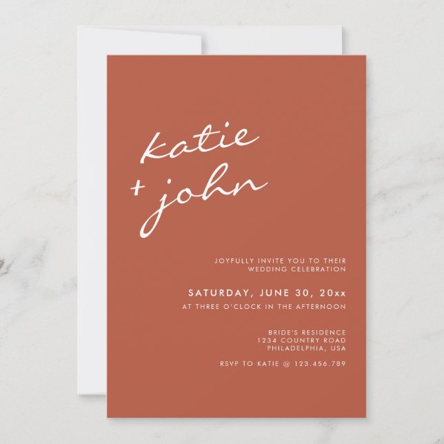 Invitación Elegante Boda de caligrafía Minimalista Terracotta (Anverso)