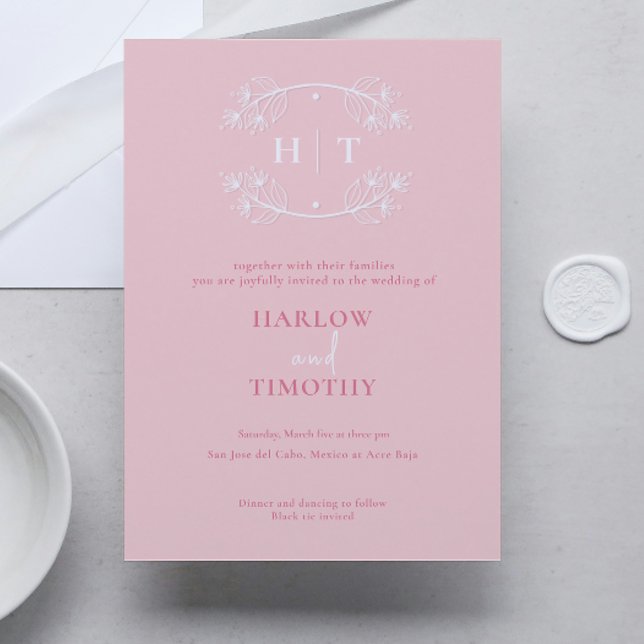 Invitación Elegante Boda de caligrafía rosada monograma blanc (Elegant white Monogram Pink Calligraphy Wedding Invitation)
