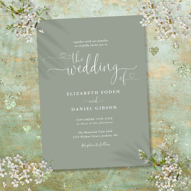Invitación Elegante Boda de caligrafía Sage Green Hearts (Elegant Sage Green Hearts Calligraphy Wedding Invitation)