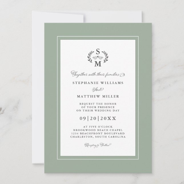 Invitación Elegante Boda de caligrafía Sage Green Initials (Anverso)