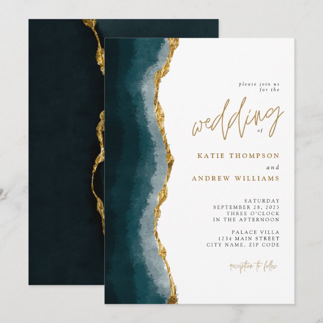Invitación Elegante Boda de caligrafía turquesa de oro agate  (Anverso / Reverso)