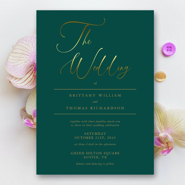 Invitación Elegante Boda de caligrafía verde esmeralda y oro (Elegant Emerald Green & Gold Calligraphy Wedding Invitation)