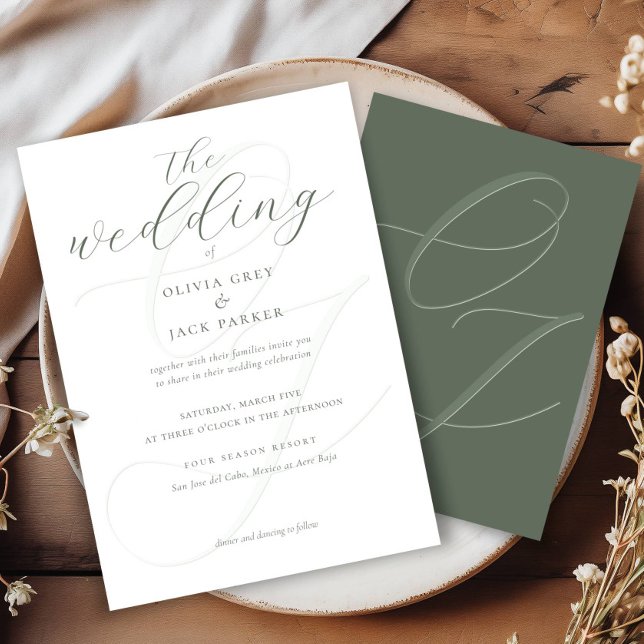 Invitación Elegante Boda de caligrafía verde sabana (Subido por el creador)