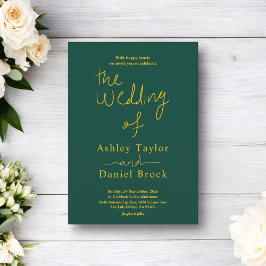 Invitación Elegante Boda De Caligrafía Verde Y Oro