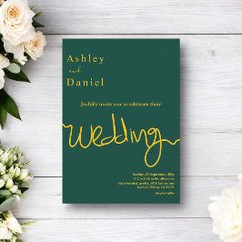 Invitación Elegante Boda De Caligrafía Verde Y Oro