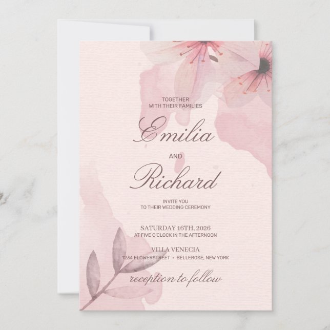 Invitación Elegante boda de campo florido en polvo suave rosa (Anverso)