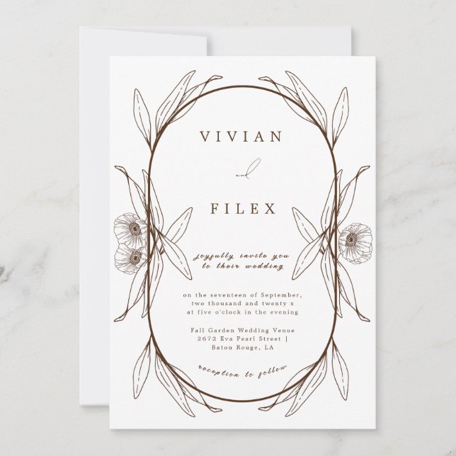 Invitación Elegante Boda de Cápsula Floral Marrón Oscura (Anverso)