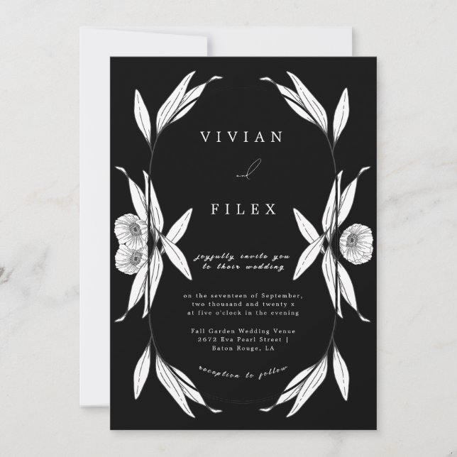 Invitación Elegante Boda De Cápsulas Florales En Blanco Y Neg (Anverso)