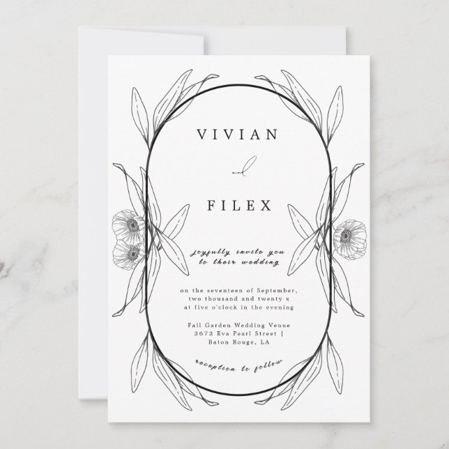Invitación Elegante Boda De Cápsulas Florales En Blanco Y Neg (Anverso)