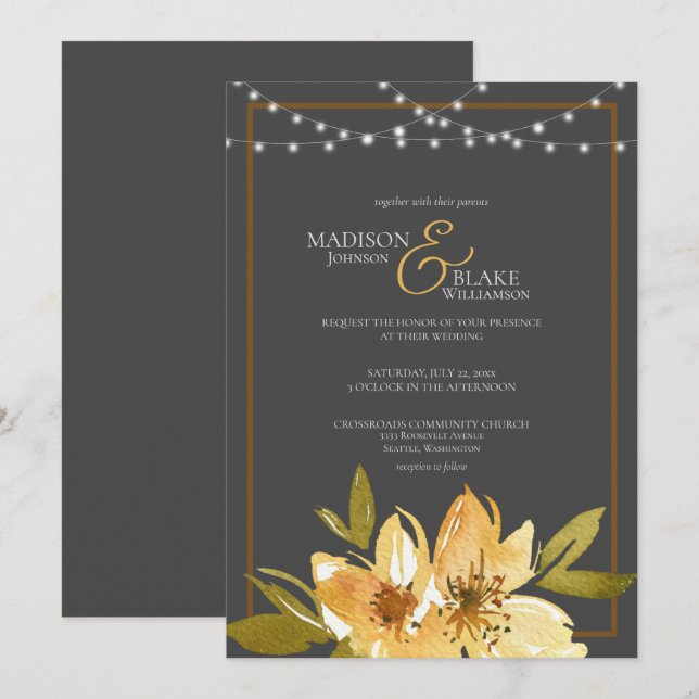 Invitación Elegante Boda de carbón vegetal gris, amarillo y c (Anverso / Reverso)