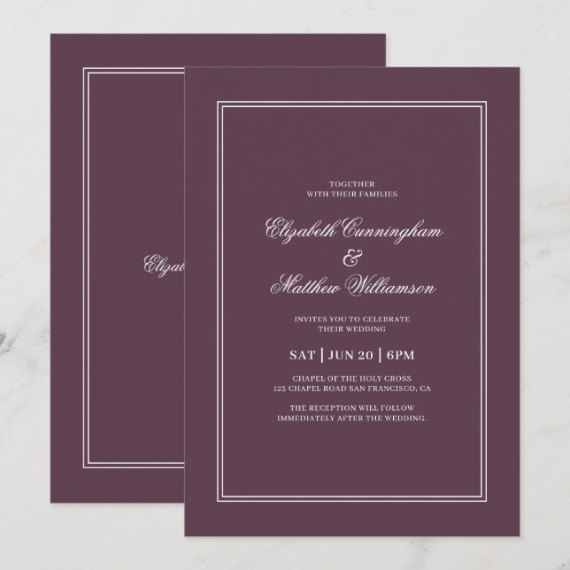 Invitación Elegante Boda de Cassis Clásica Simple (Anverso / Reverso)