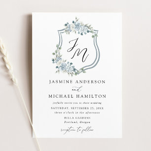 Invitación Elegante Boda de Cesta Floral Azul Polvoriento